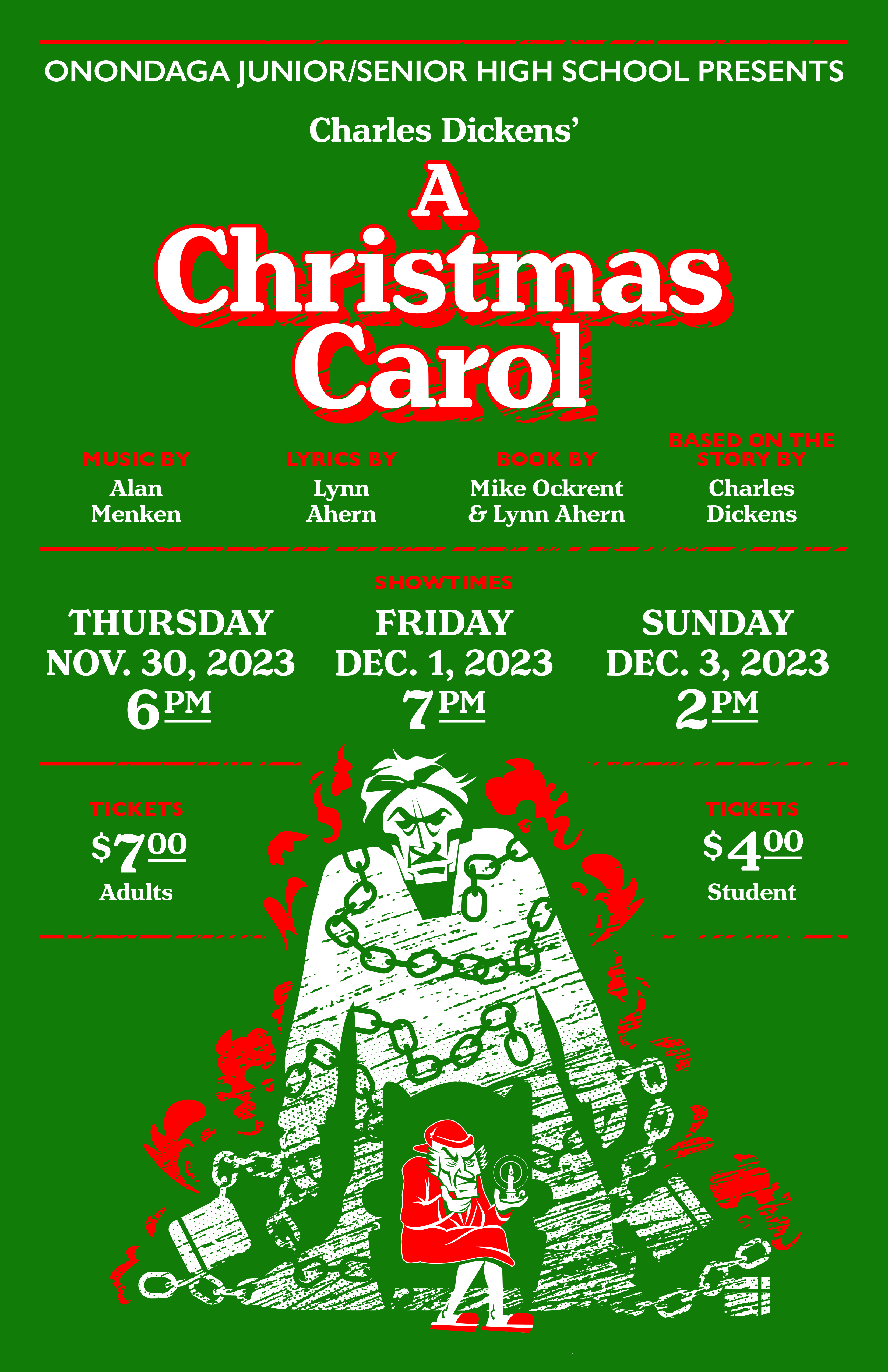OCS Presents a A Christmas Carol. 11/30/23 at 6pm. 12/1/2023 at 7pm and 12/3/2023 at 2pm. Adults $7. Children $4